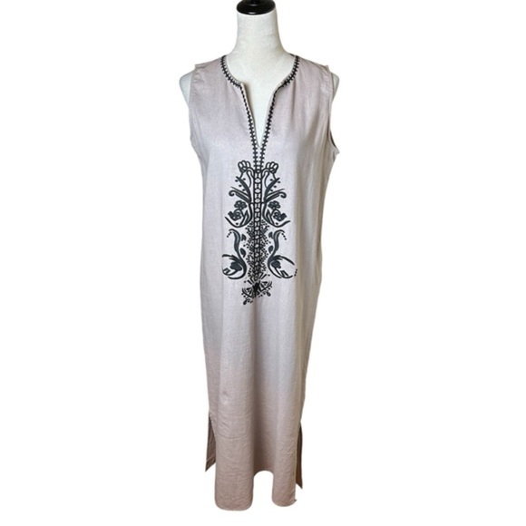 Sigrid Olsen Taupe Black Embroidered Linen Blend Maxi Dress S | Coastal Grandma - Picture 1 of 8